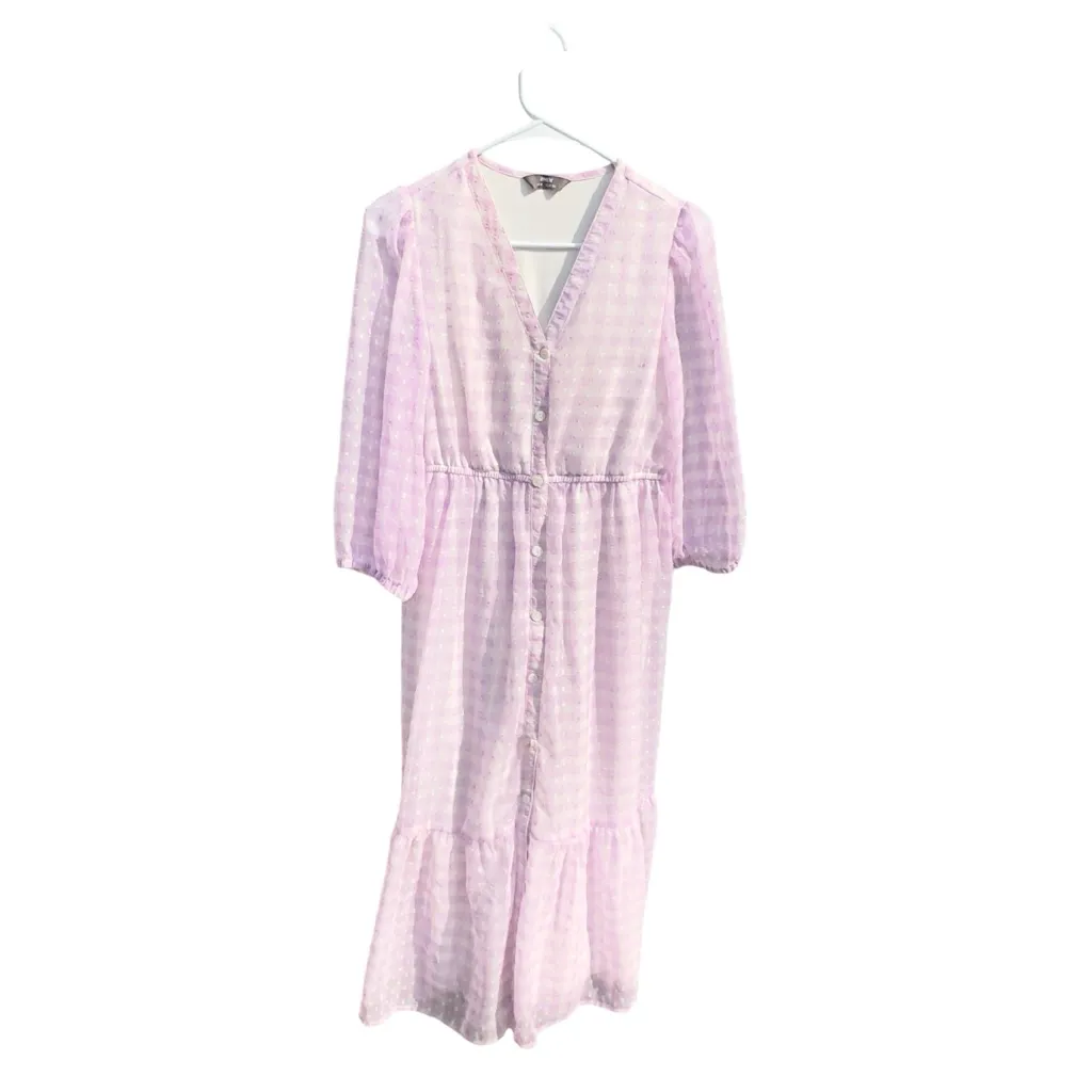 Max Lavender Gingham Sheer Midi Dress Balloon Sleeve Lined Button Front US‎ 4 Purple - Image 3