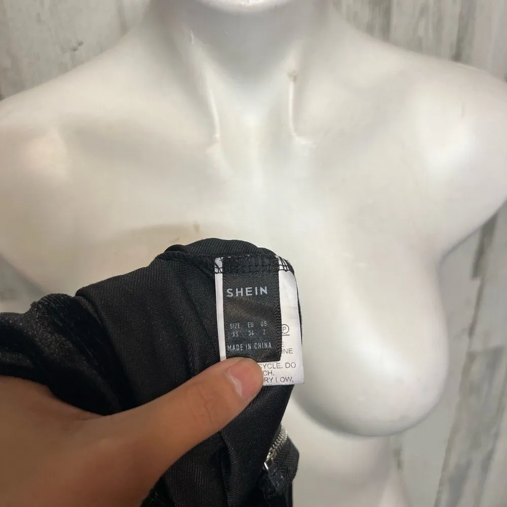 XS Black Velvet Zip Front Crop Top w/ Fur Cuff Sleeves | Long Sleeve Party Top Black - Image 4