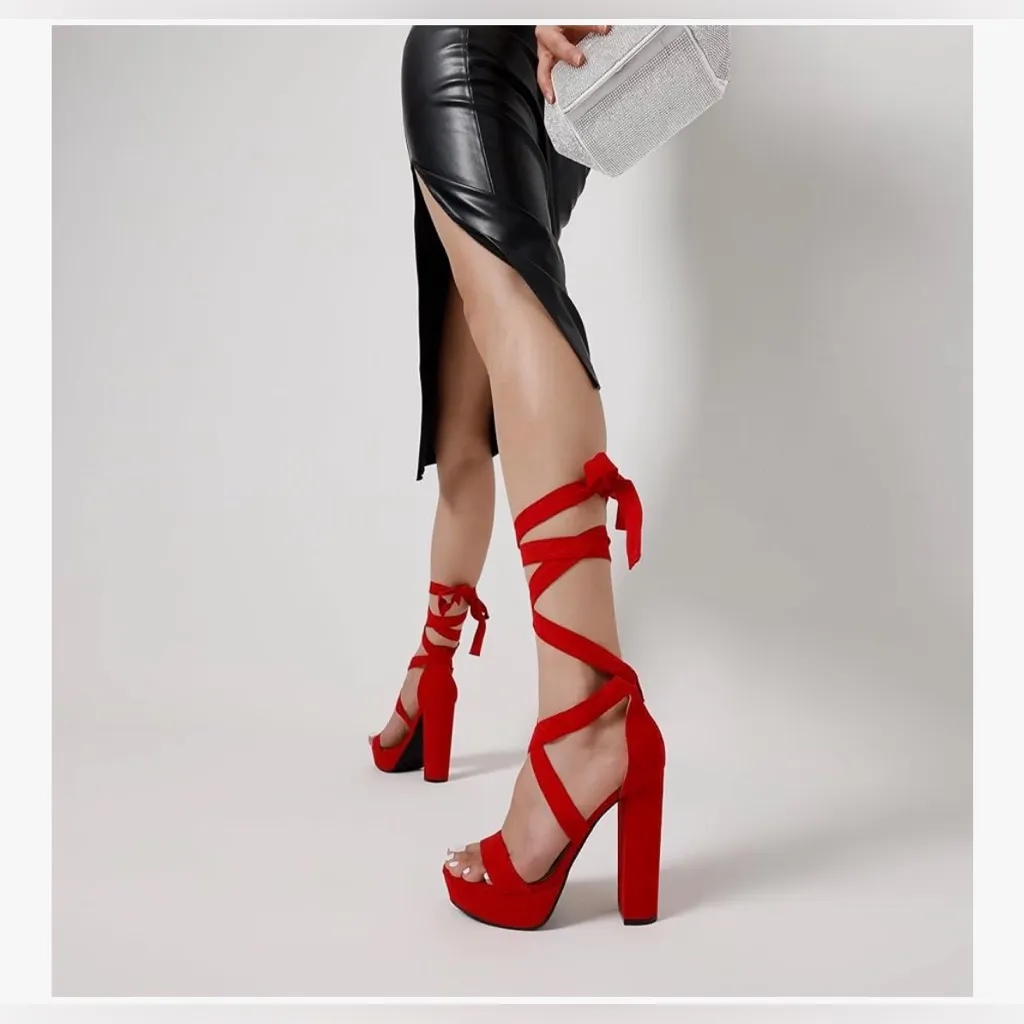 NEW Red High Heels Chunky Block Platform Heels Strappy Gladiator 8 - Image 6