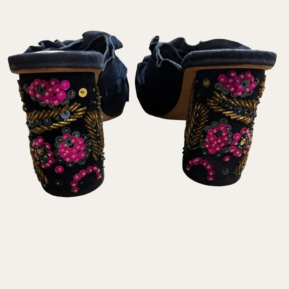 Loeffler Randall Navy Blue Ruffled Sequin Beaded Embellished Block Heel Mule 7 - Image 6