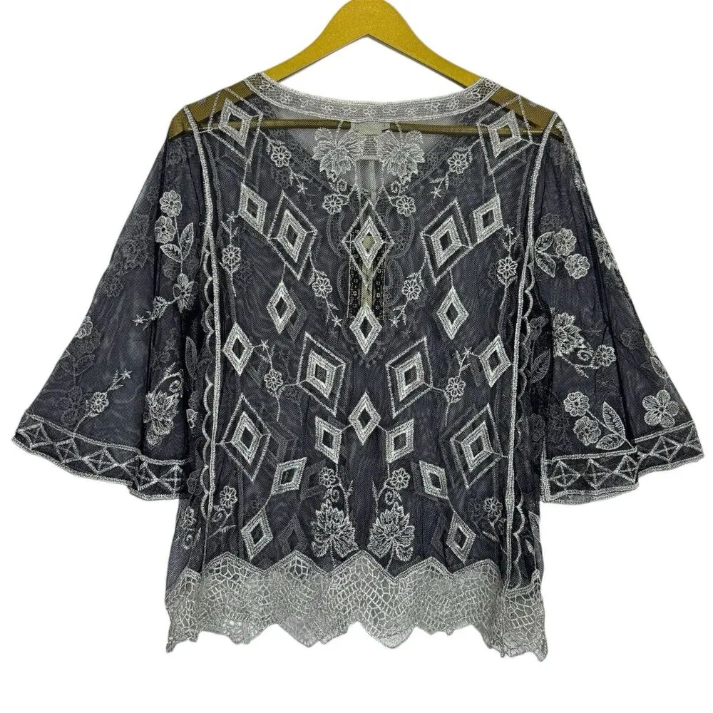 Ultra Pink Mesh Embroidered Tunic Top Size M Gray Silver Fairy Grunge Whimsigoth - Image 2