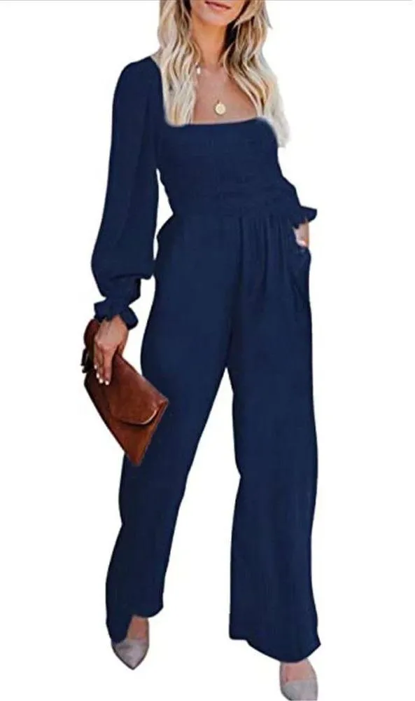 NEW Lantern Sleeve High Waisted Wide Leg Jumpsuit S Navy Blue - Image 3