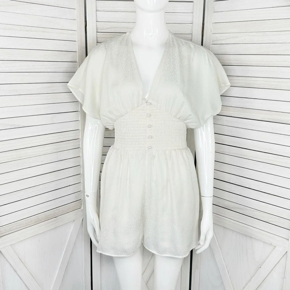 Express Satin Jacquard Smocked Waist V Neck Romper Ivory‎ White XS X Small - Image 2
