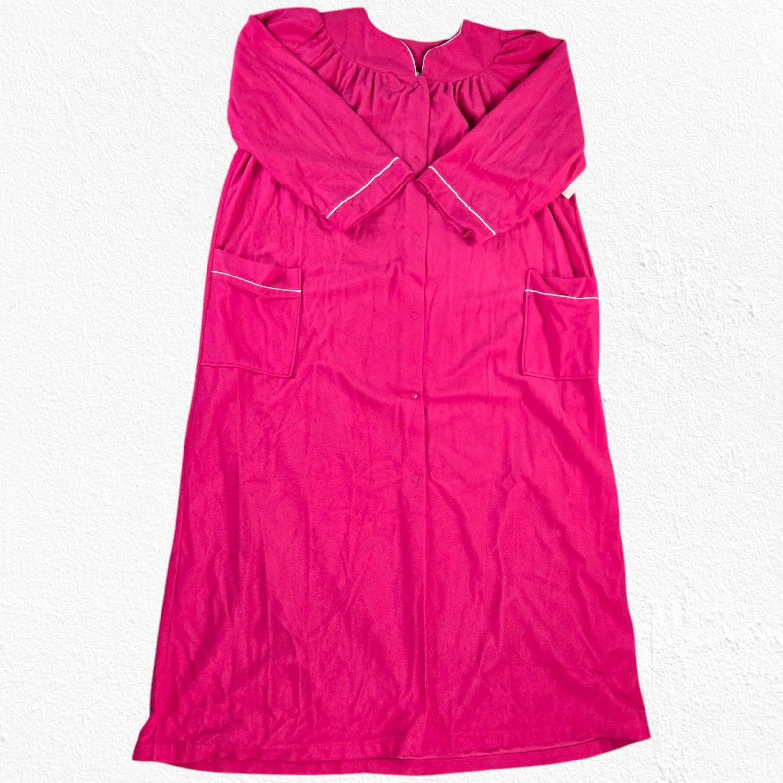 80s Vintage Bright Pink Button Down Long Robe Loungewear Sleepwear Size 20W - Image 6