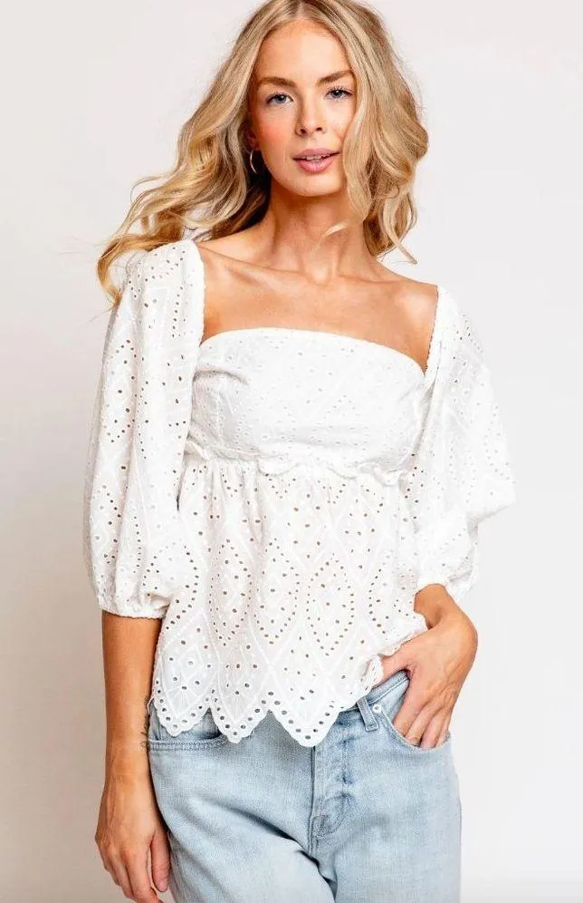 MISA Los Angeles Sera Off The Shoulder Scalloped Eyelet Top White Womens Size M - Image 5