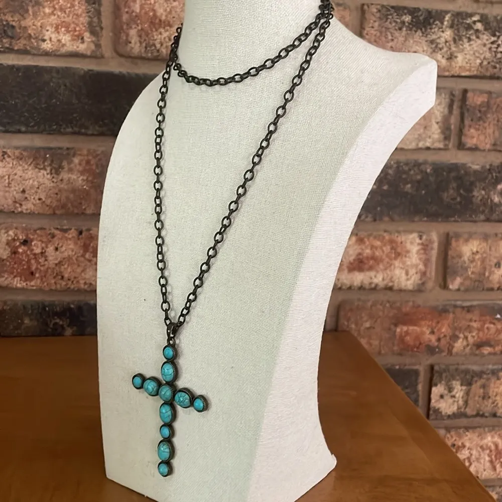 Plunder New faux turquoise cross pendant and bronze chain necklace Blue - Image 4