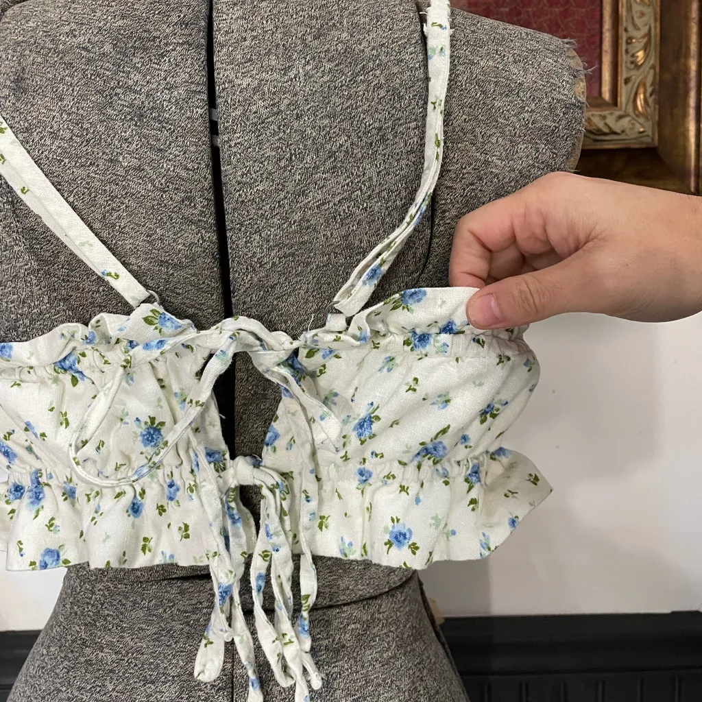 Ditsy Floral Linen Blend Tiny Tie Open Back Ruffle Tank Top - Sz XXL 💚🎀 - Image 11