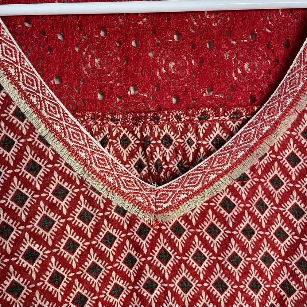 Kori America Women’s Red v-neck Cultural Geometric Lace Flowy Dress Midi Length - Image 6