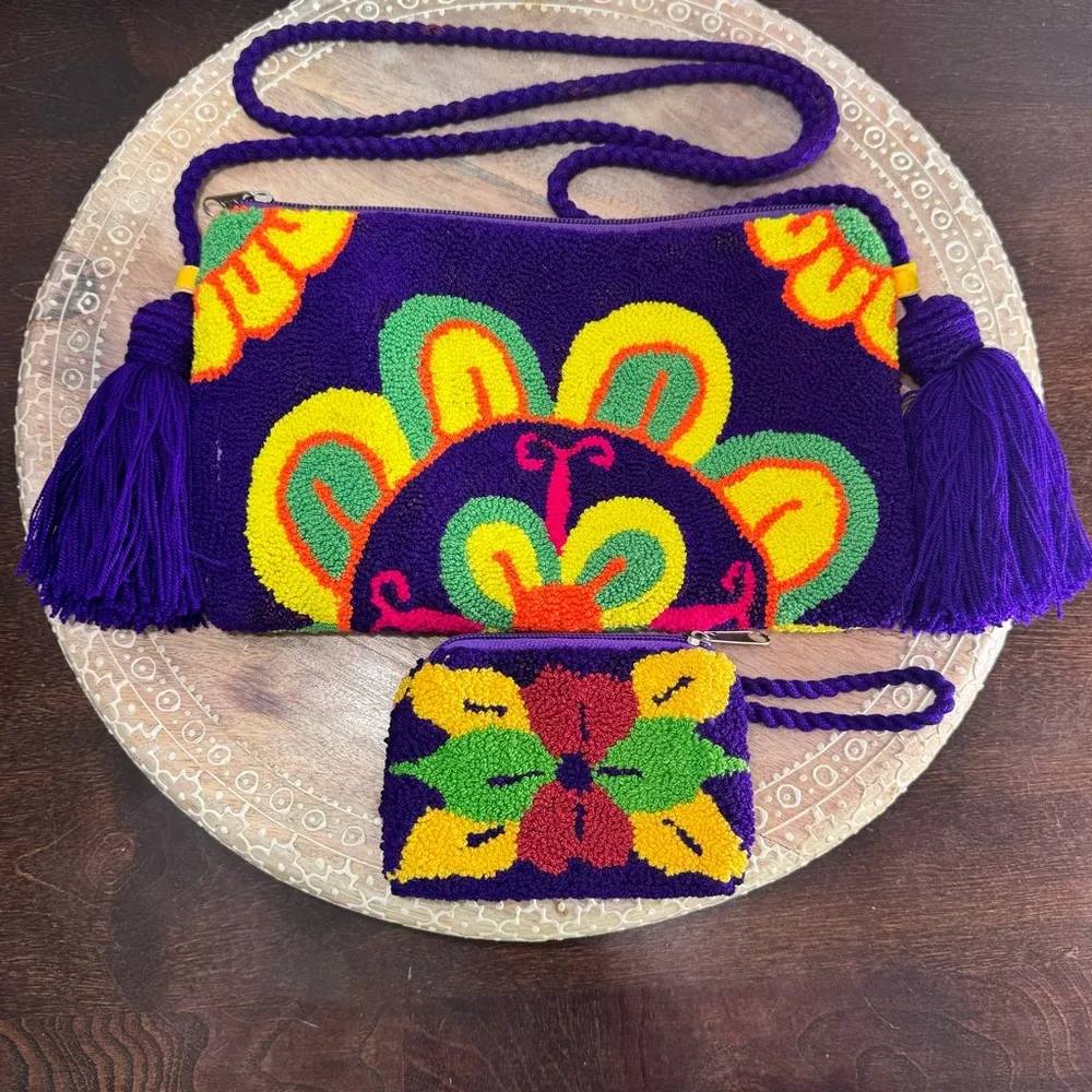 Colombian Wayuu Purple Butterfly Flowers Handmade Purse Bag & Coin Purse Artisan - Image 9