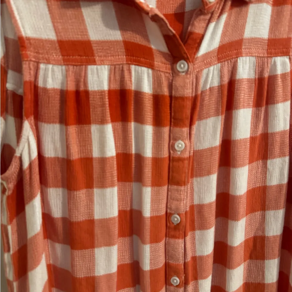 Beach Lunch Lounge Fringe Button Polo Tank Top Orange Plaid Country Size XL - Image 2