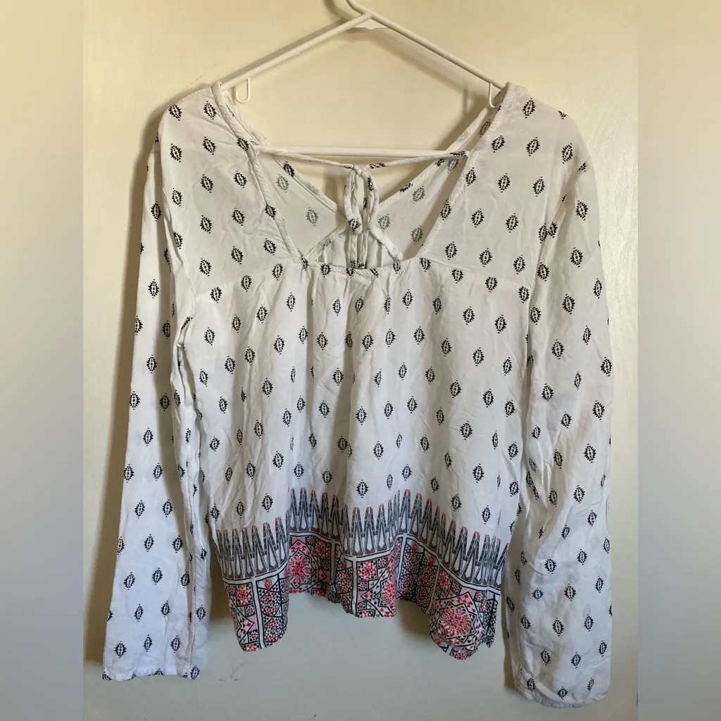 🌞Roxy V Neck White Boho Print Tie Back Keyhole Long Sleeve Flowy Blouse #Gr - Image 10