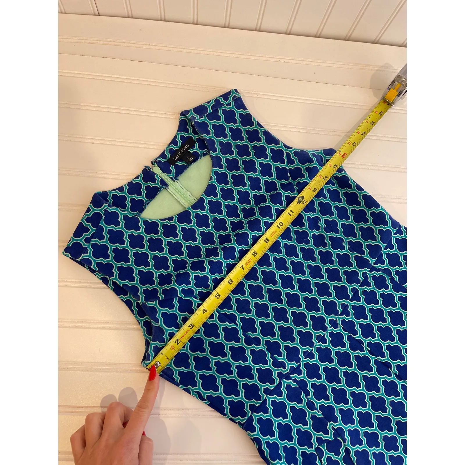 Lands End Teal Print Sleeveless Crew Neck Sheath Dress Womens Size 2 - Image 3