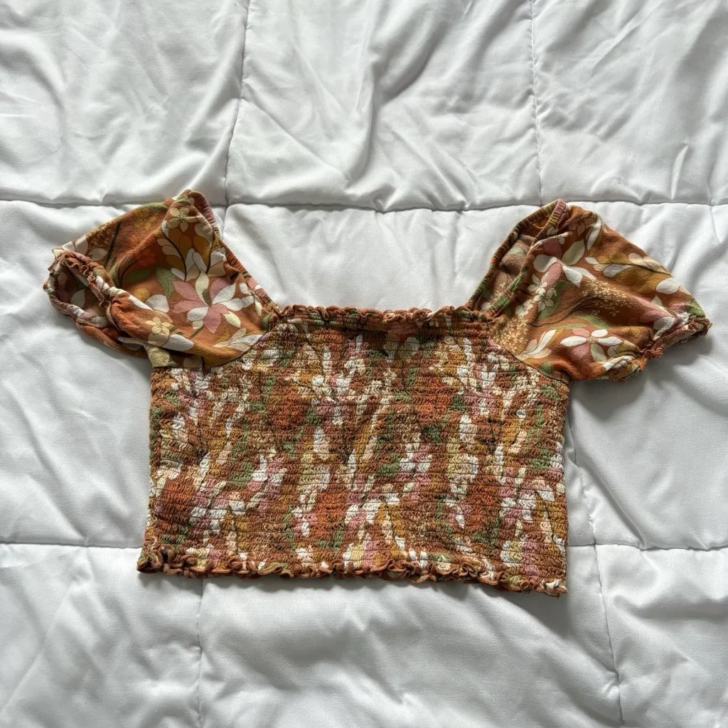 Aerie Smocked Orange Floral Square Neck Puff Sleeve Cropped Top Blouse Womens S - Image 7