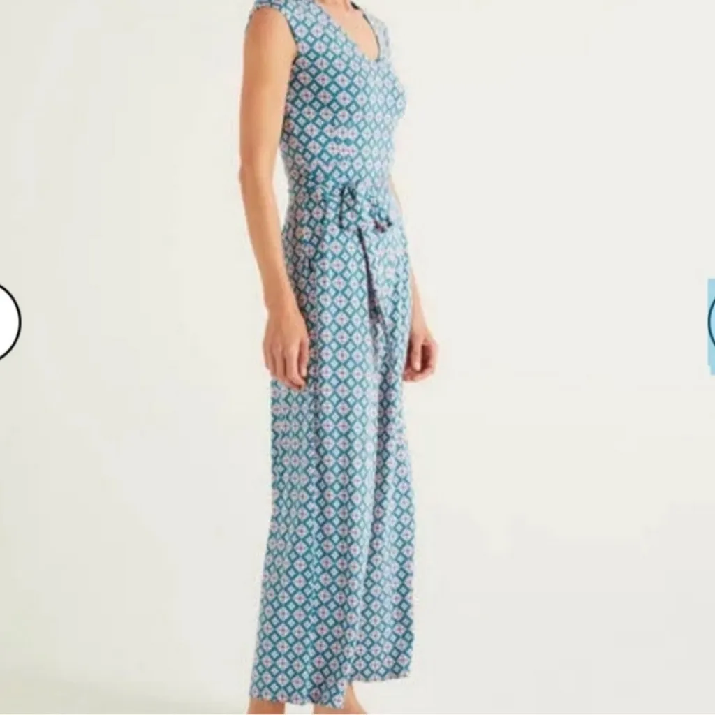 Boden Corrine jersey Vneck tie waist pants jumpsuit geometric print Size 4 Blue - Image 4