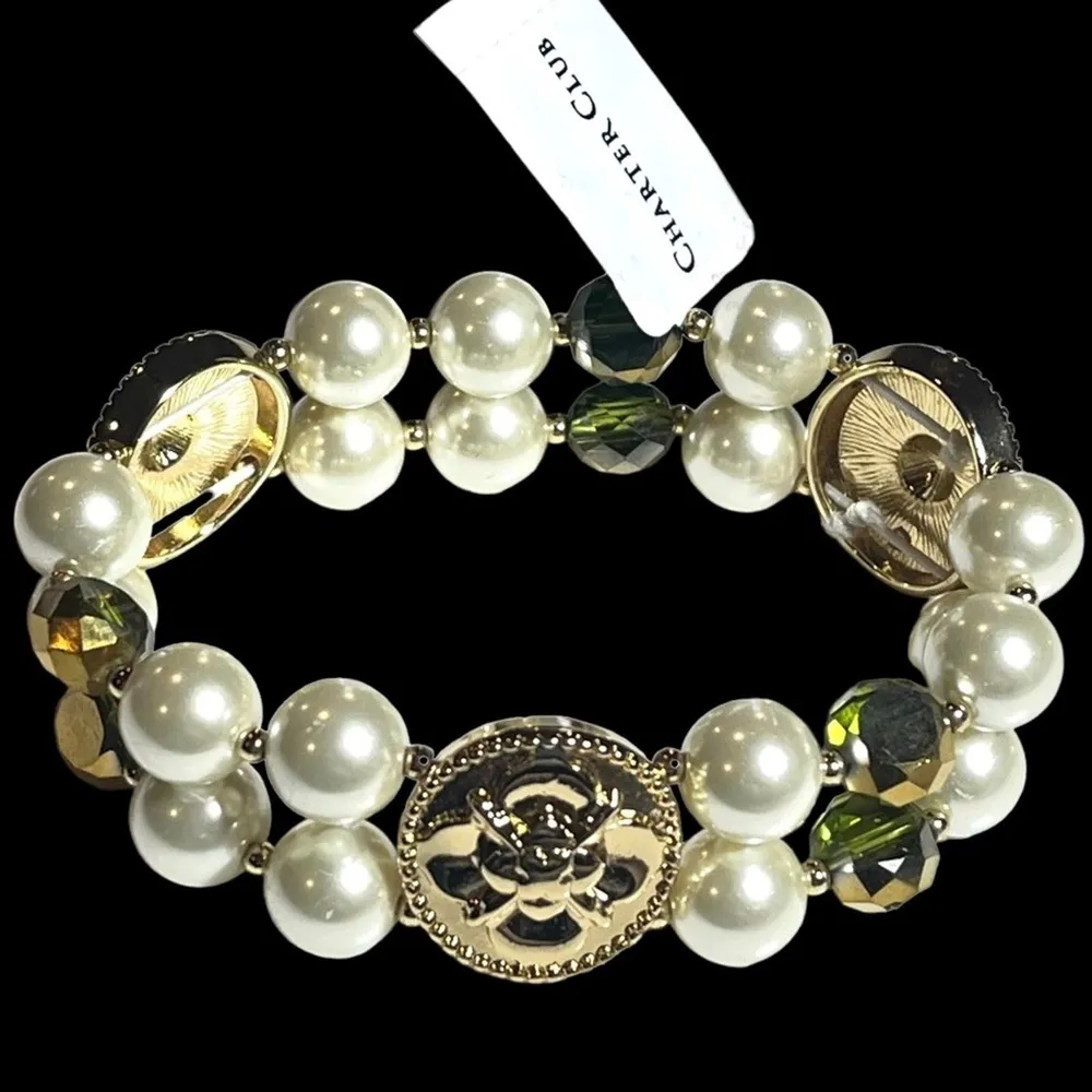NEW Charter Club STRETCH BRACELET Imitation Pearl Gold Coin & Green Bead Two-Row - Image 2