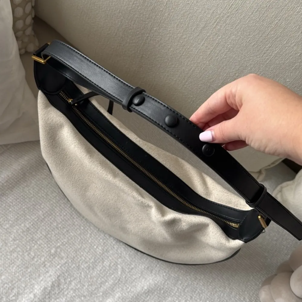 Zara linen off white ecru & black trim contrast oval crescent shoulder bag purse - Image 8
