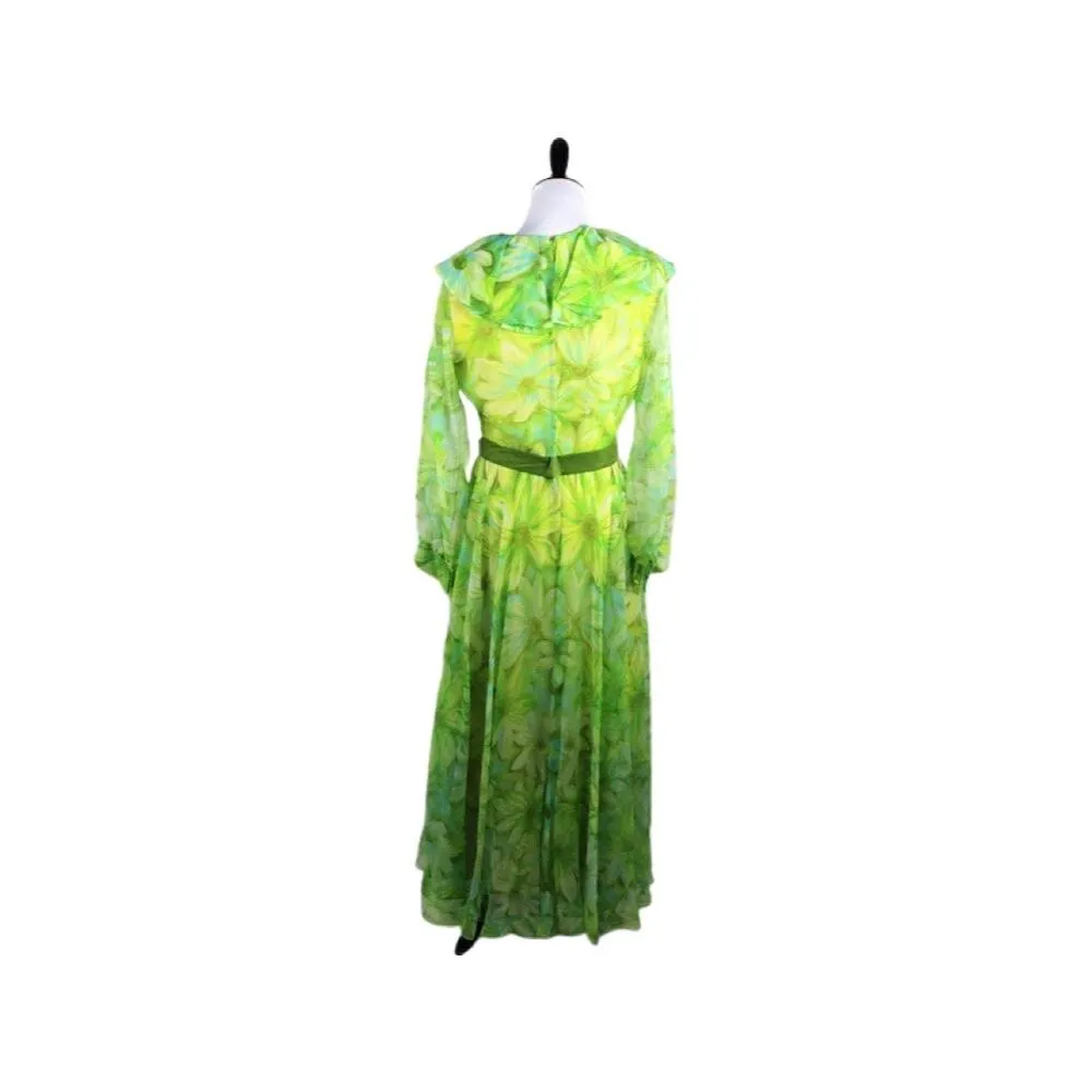 Vintage 1970s Jack Bryan Green Floral Print Chiffon Maxi Dress Medium - Image 5