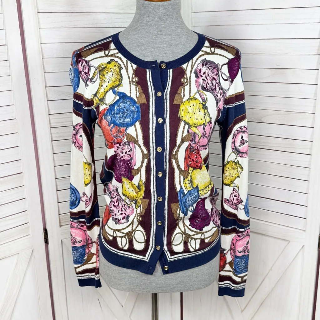 Talbots Tea Party Print Button Up Cardigan Sweater Blue Multi XS - Image 2