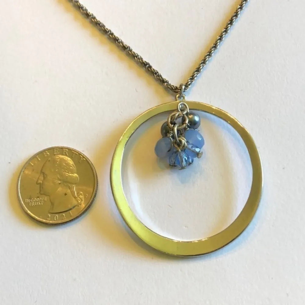 Silver Tone Huge Circle Beaded Pendant Boho Necklace Blue - Image 3