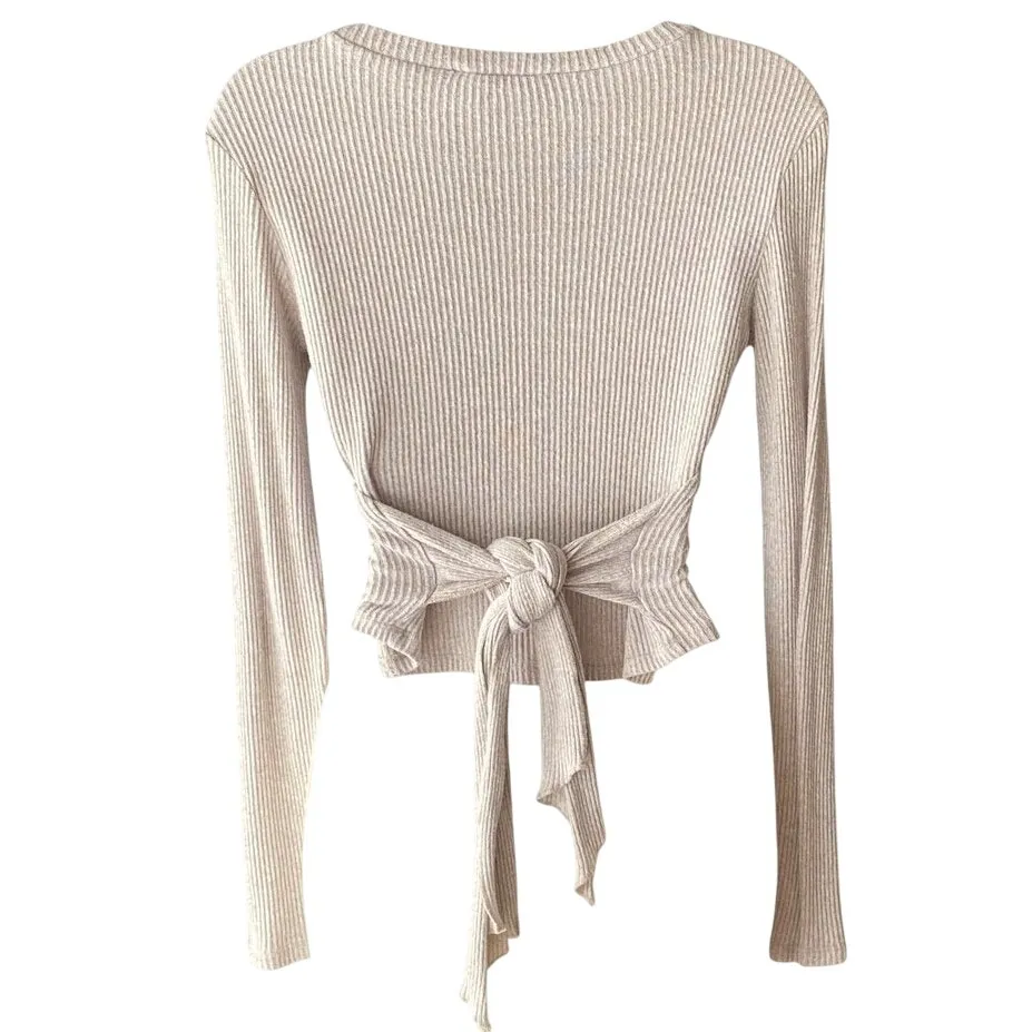 ZARA Tan Ribbed Cropped Tie Front Back Long Sleeve Sweater ~ Women's Size SMALL - Image 6