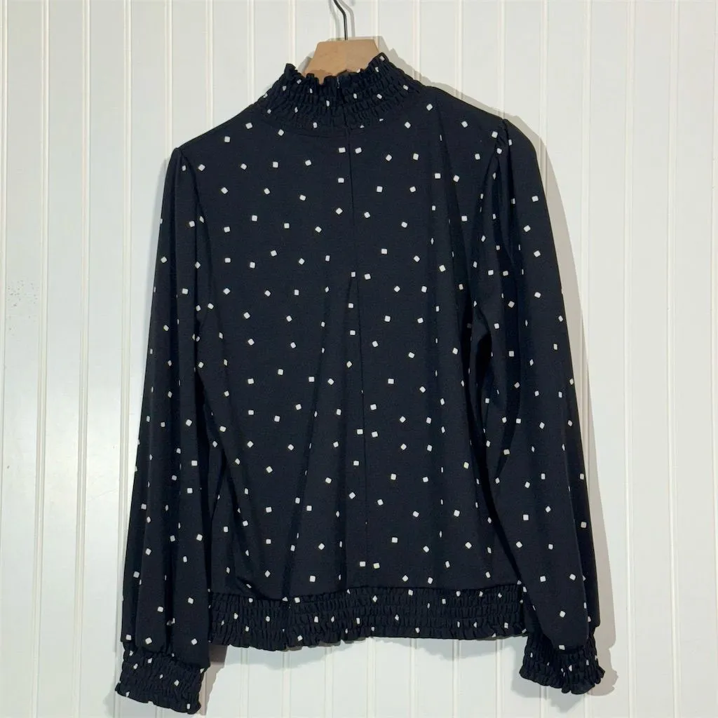 Karl Lagerfeld Paris Black Polka Dot Smocked Blouse L Mock Neck Long Sleeve Size L - Image 2
