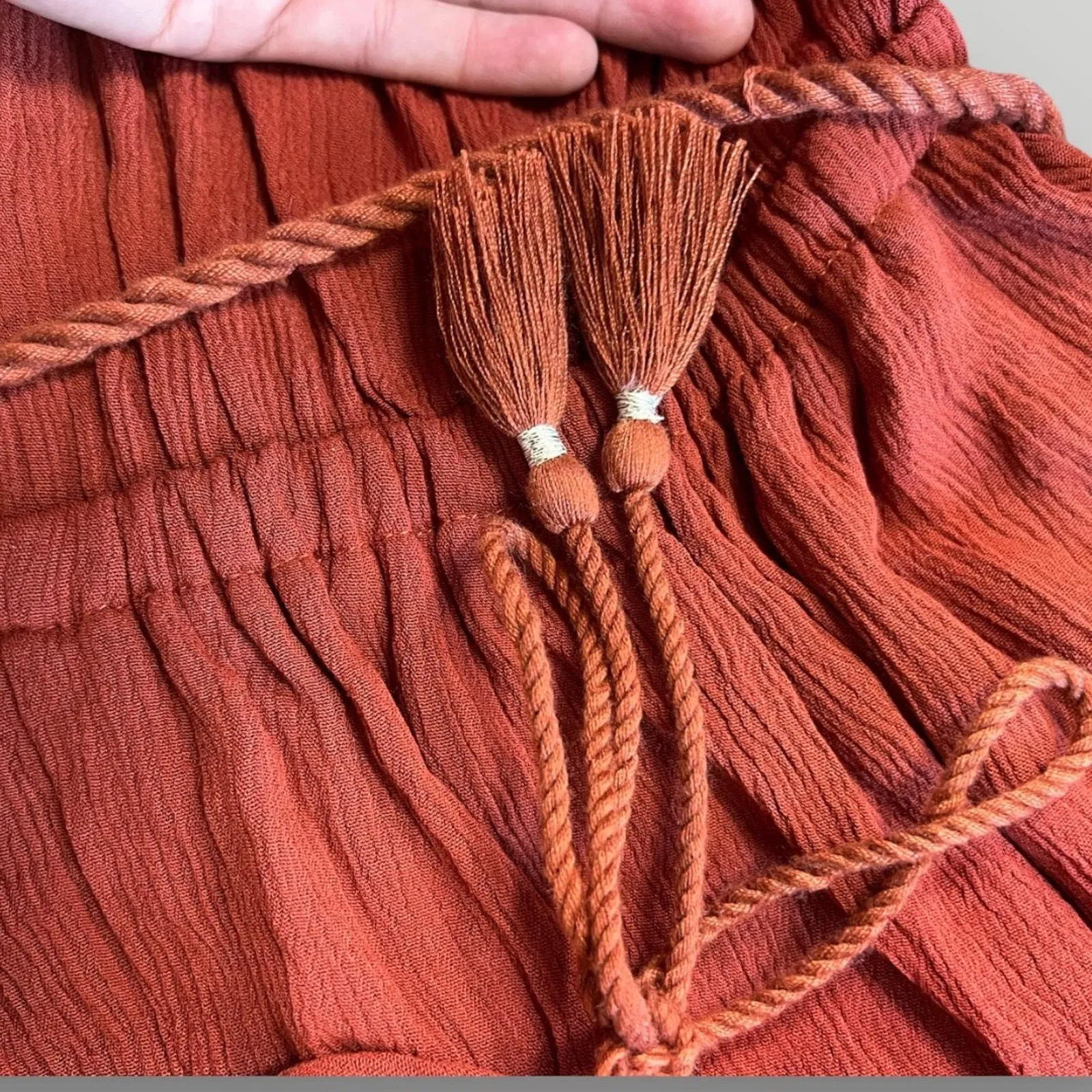 Elevenses Anthropologie Halter Jumpsuit S Rust Crinkle Tassel Tie Waist Cuffed - Image 9