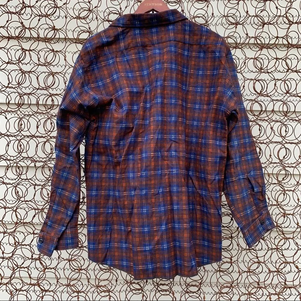 Vintage Gold Star plaid pearl snap western shirt blue orange Size L - Image 4
