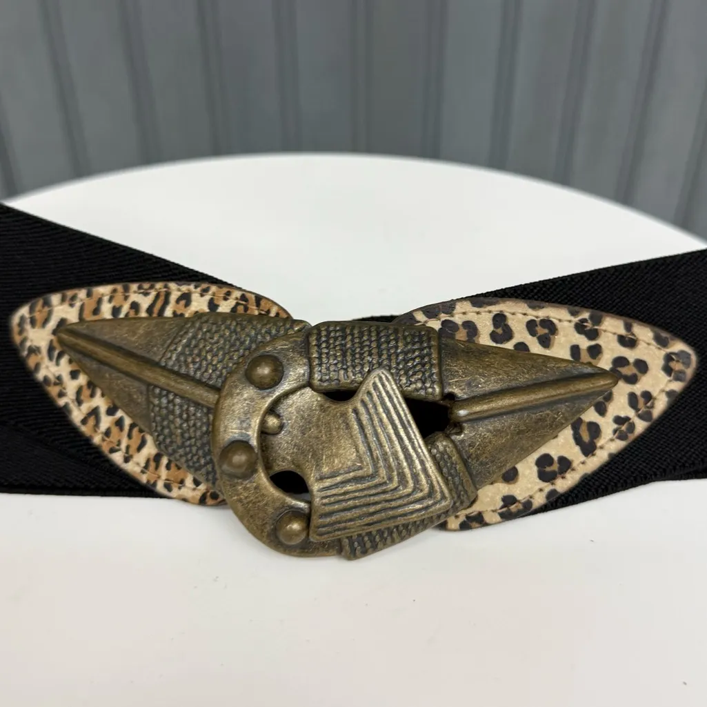 Vintage Omega Black Stretch Belt Brass Brutalist Buckle Medium - Image 6