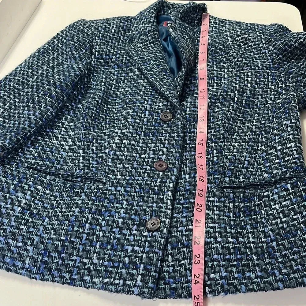 Tweed blazer wool blend blue blazer shoulder pads buttons front pockets washable - Image 4