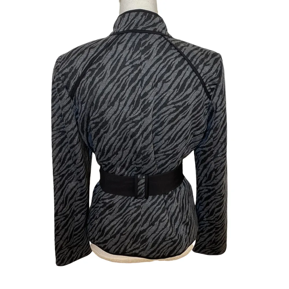 Sandro Animal Print Jacket Zebra Belted Collared, Black & Gray, Size Medium - Image 5
