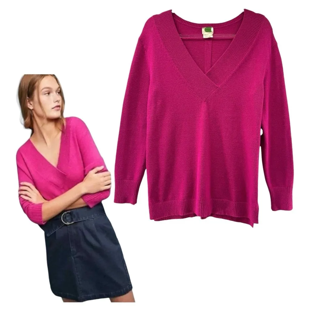 Anthropologie Galizia Tunic Sweater Womens Medium Hot Pink V-Neck Long Sleeve - Image 2