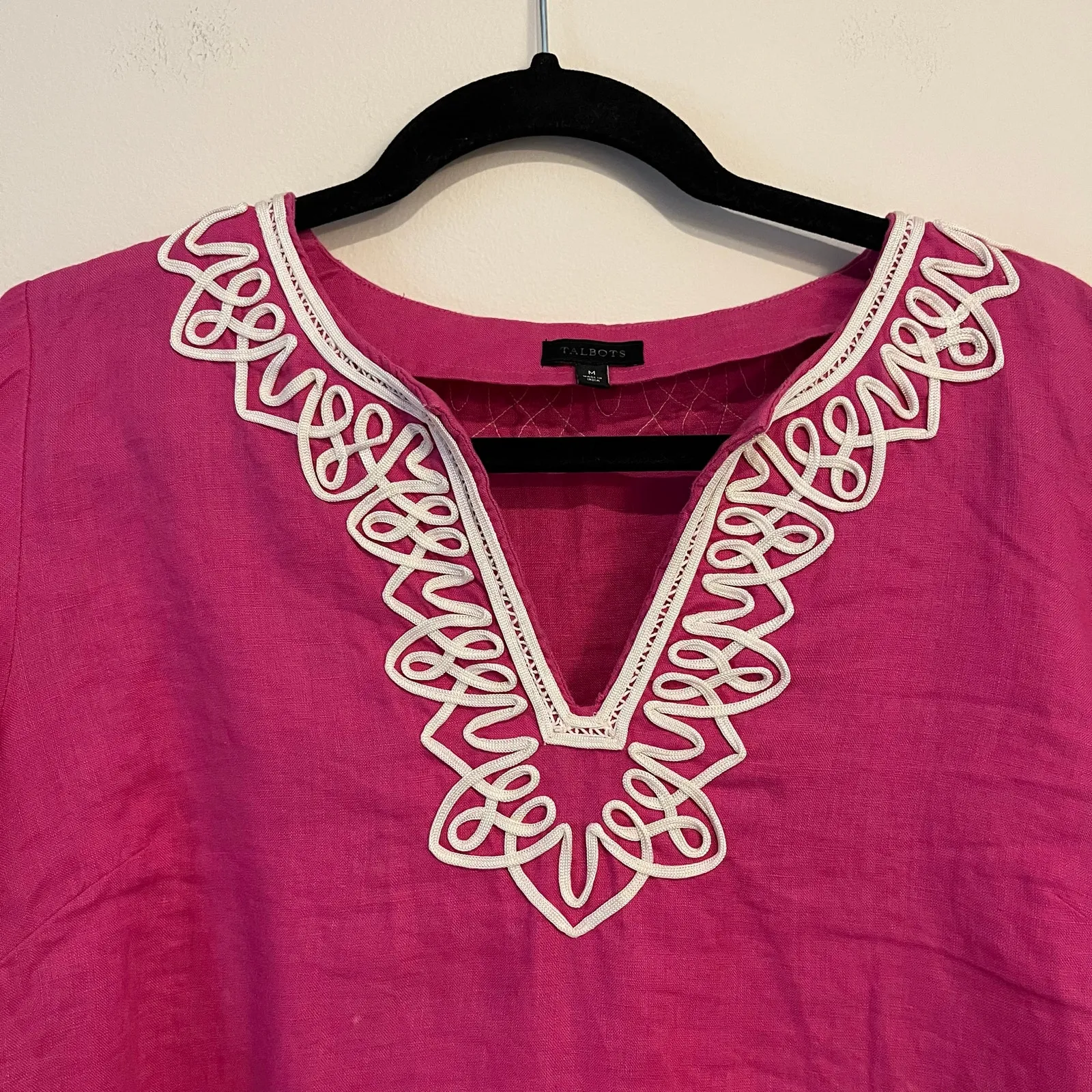 Talbots Top 100% Linen Shirt Long Sleeve Notch Neck Pink White Trim Accents Med - Image 3