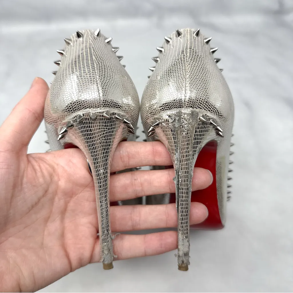 Christian Louboutin Anjalina 100 Spike Stud Trim Chrome Pointed Toe Pumps Heels - Image 6