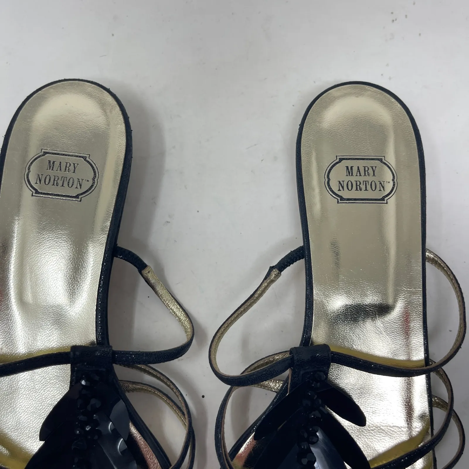 Mary Norton Black leather strappy flat sandals with black sequin leaf sz 41 - Image 2