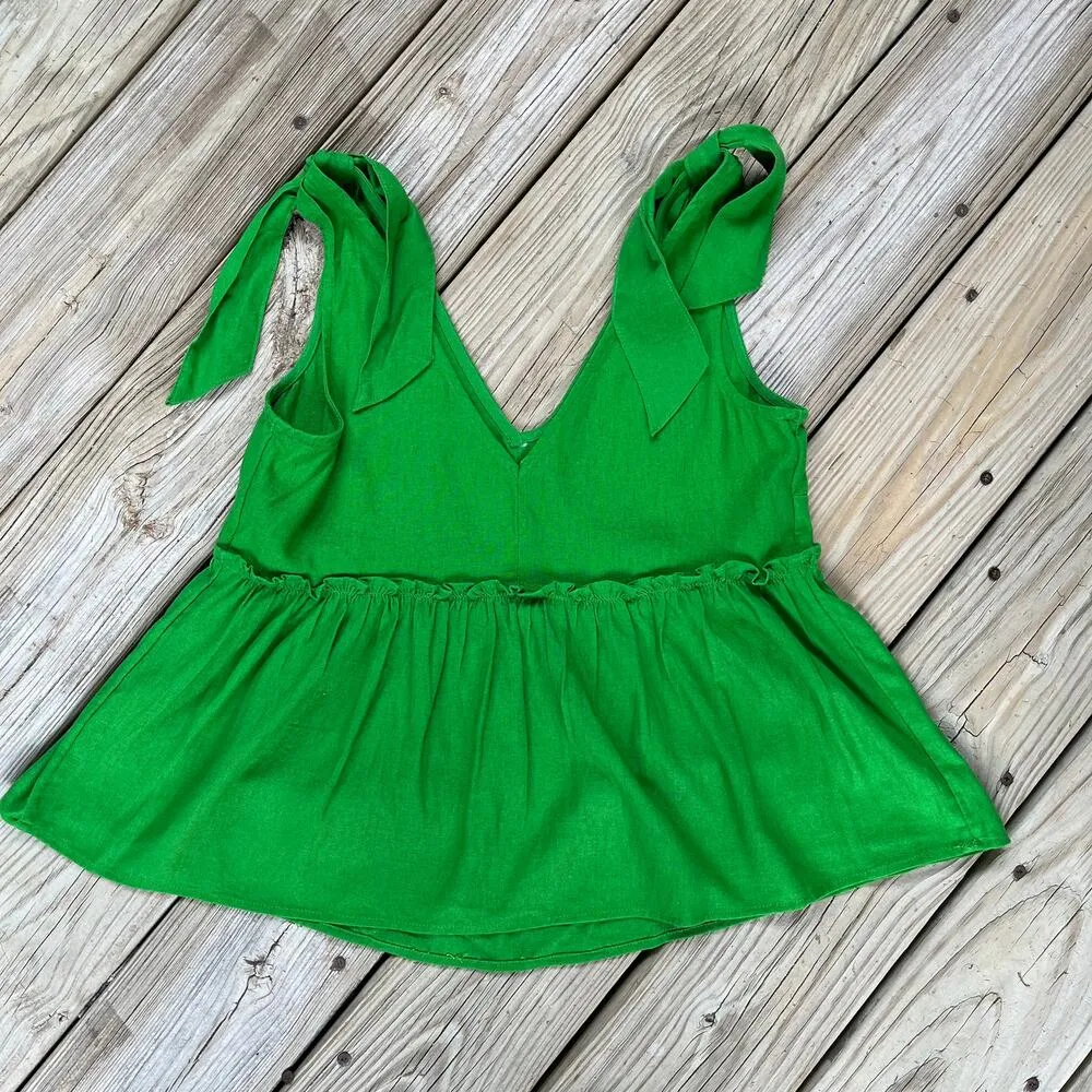 Who What Wear Women's Bright Green Linen Blend Tie Shoulder Top Size XS - Image 3
