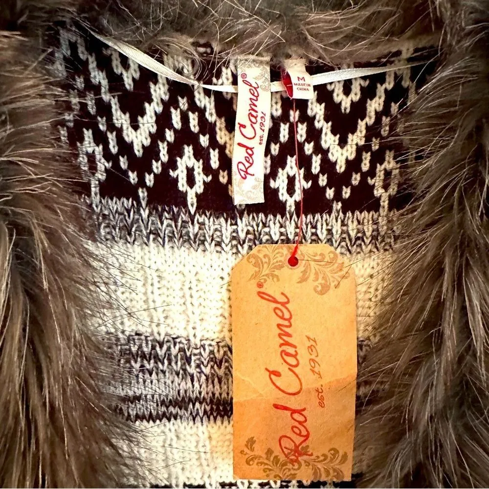 Red Camel Faux‎ Fur Long Sleeve Cardigan Sweater Women's Medium Black White NWT - Image 3