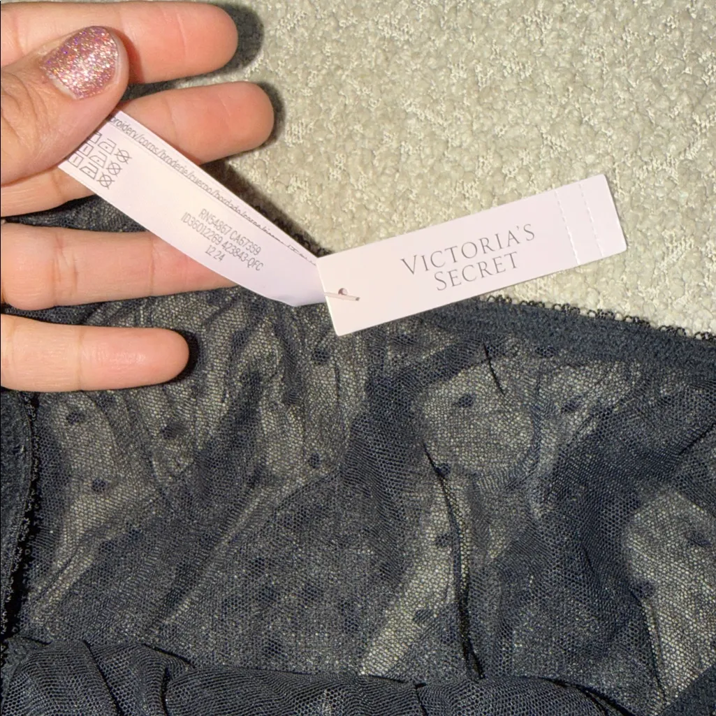 🔥VS Sheer Rose Dot Triangle Bralette & Flutter Panty Set  black - Image 5