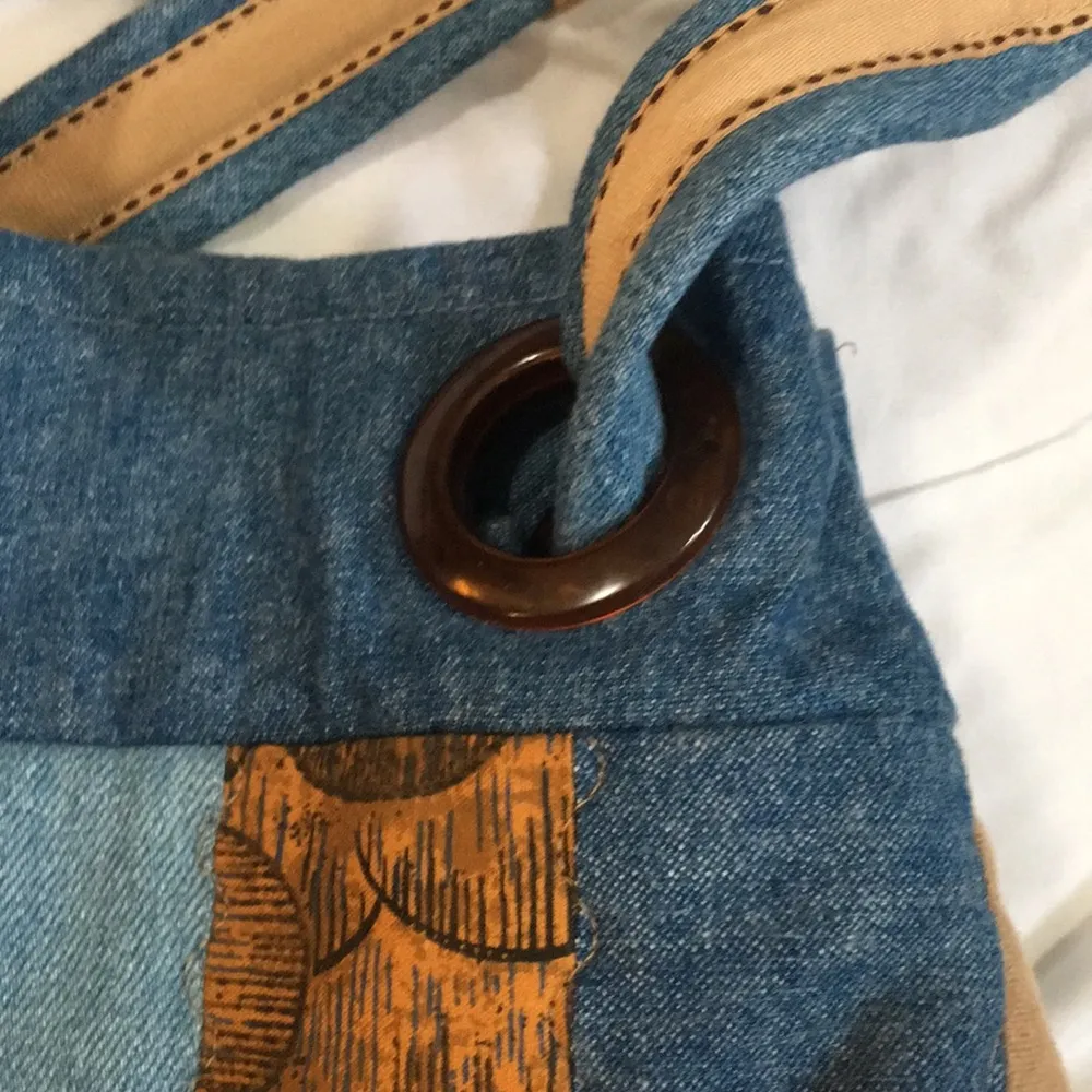 Denim Blue and Tan striped quilted drawstring bag - Image 2