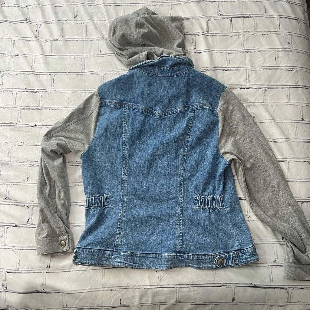 Vintage Live a Little Denim Hoodie Jean Jacket Women’s XL Gray Knit Sleeves Blue - Image 10