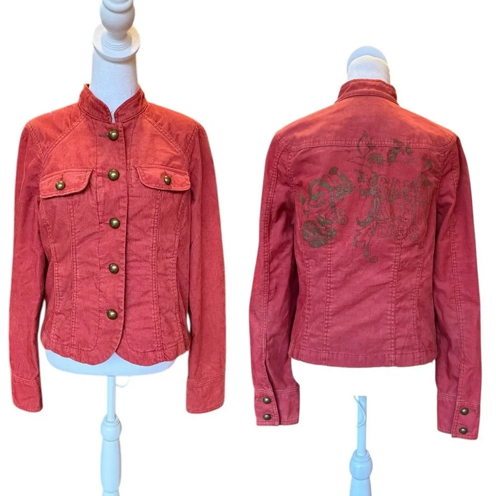 Calvin Klein Red Orange Corduroy Button Up Jacket Gold Design Women’s Large - Image 2