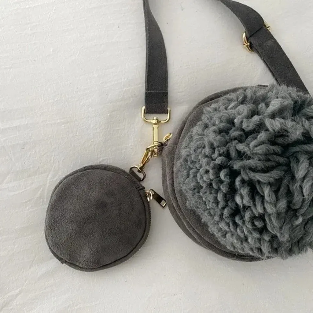 Suede Leather Pompom Circle Crossbody Bag in Grey Retail $373 - Image 4
