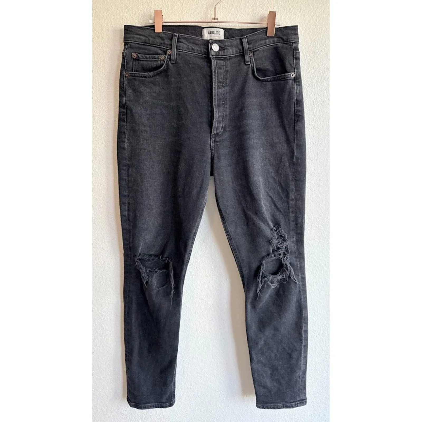 AGOLDE Nico Black Distressed High Waist Jeans with Holes at Knees size 30 - Image 2