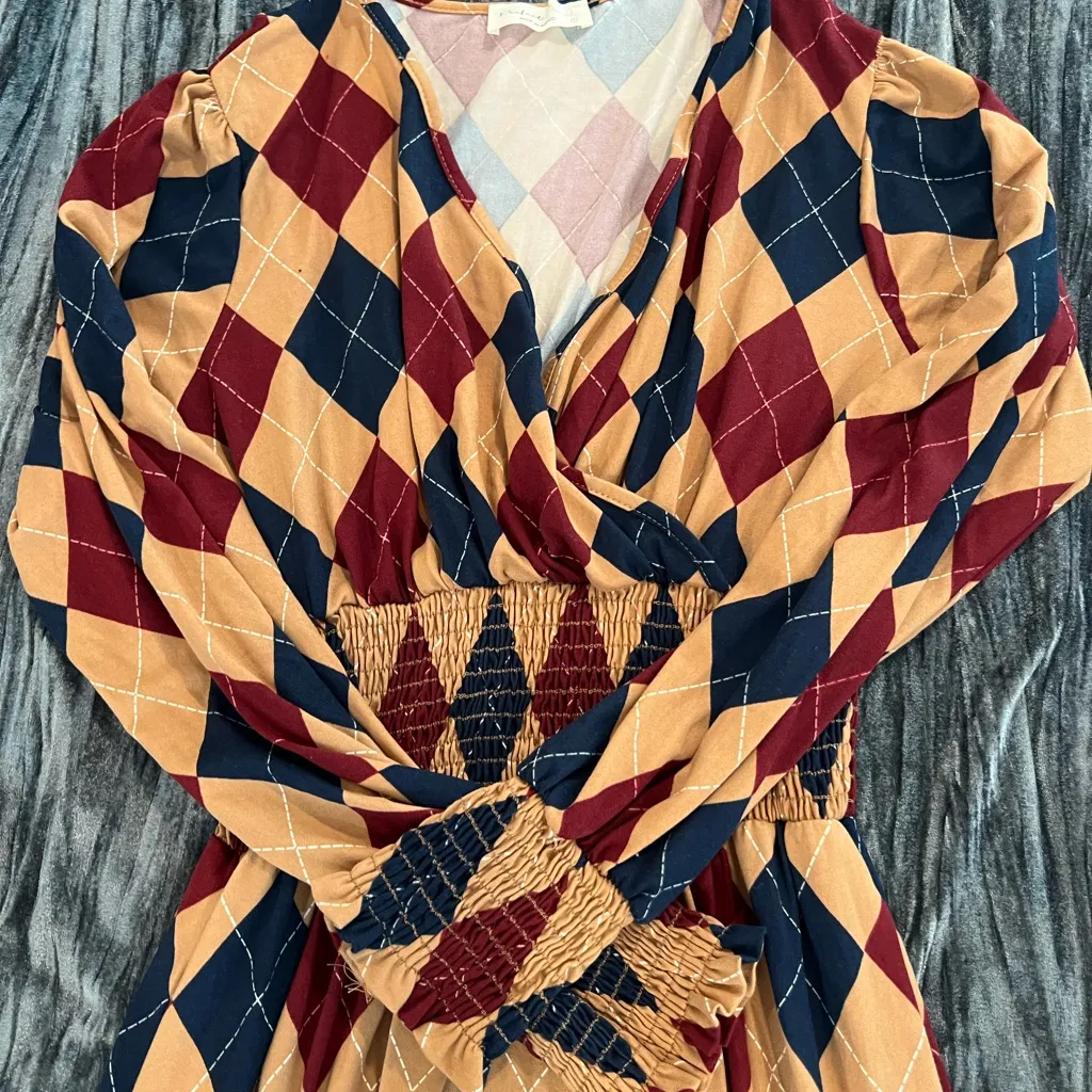 Elegant Multicolor Argyle Pattern Dress Size L by Perfect Peach Brown Size L - Image 2