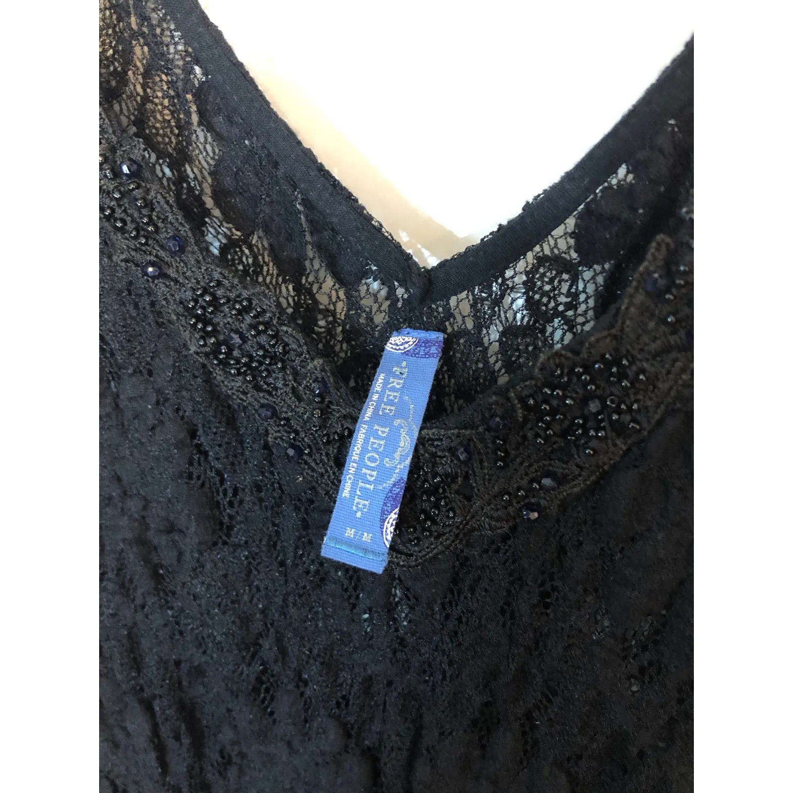 Free People sheer black floral lace mini dress with a beaded v-neck - Image 9