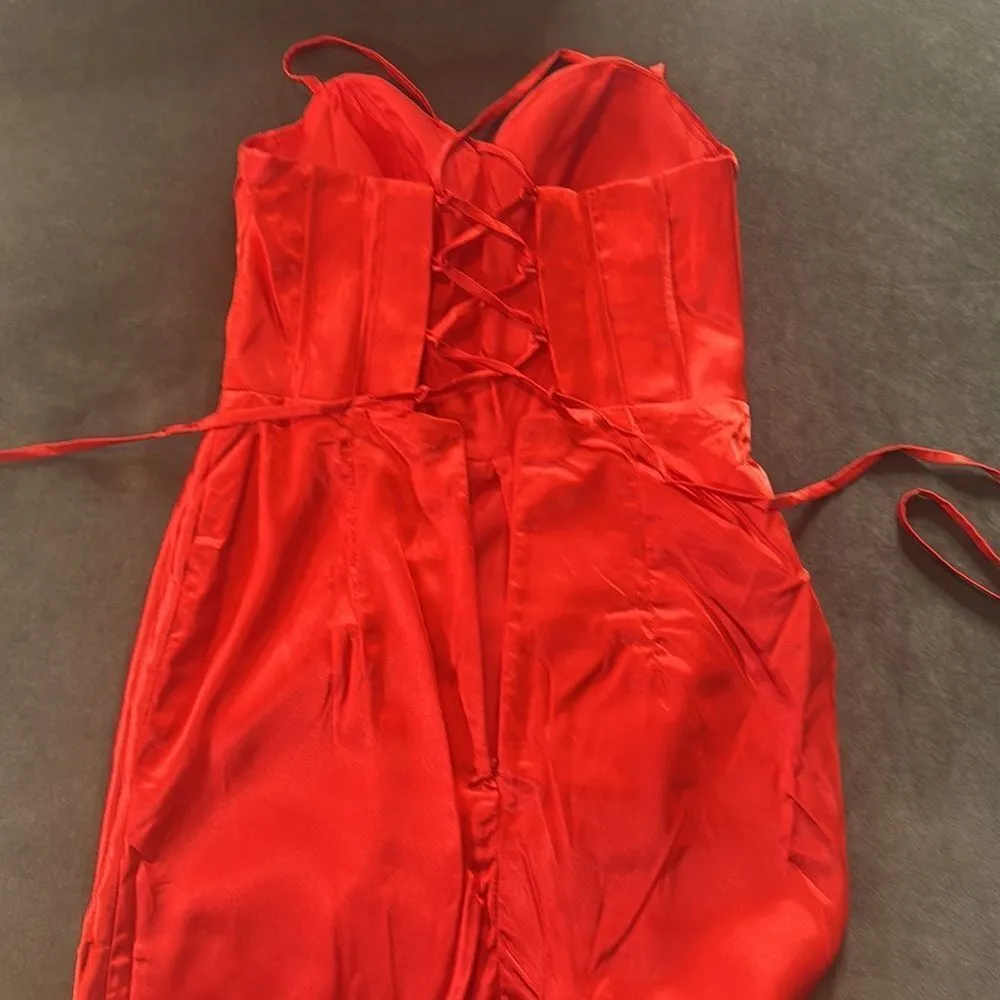 Red Satin Full Length Prom Party Formal Dress CrissCross Straps Leg Slit Size 8 - Image 12
