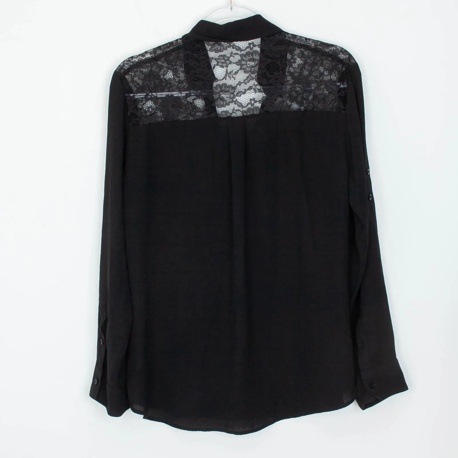 Express Womens Lace Button Front Blouse Size L Black Roll Tab Sleeve Whimsigoth - Image 6
