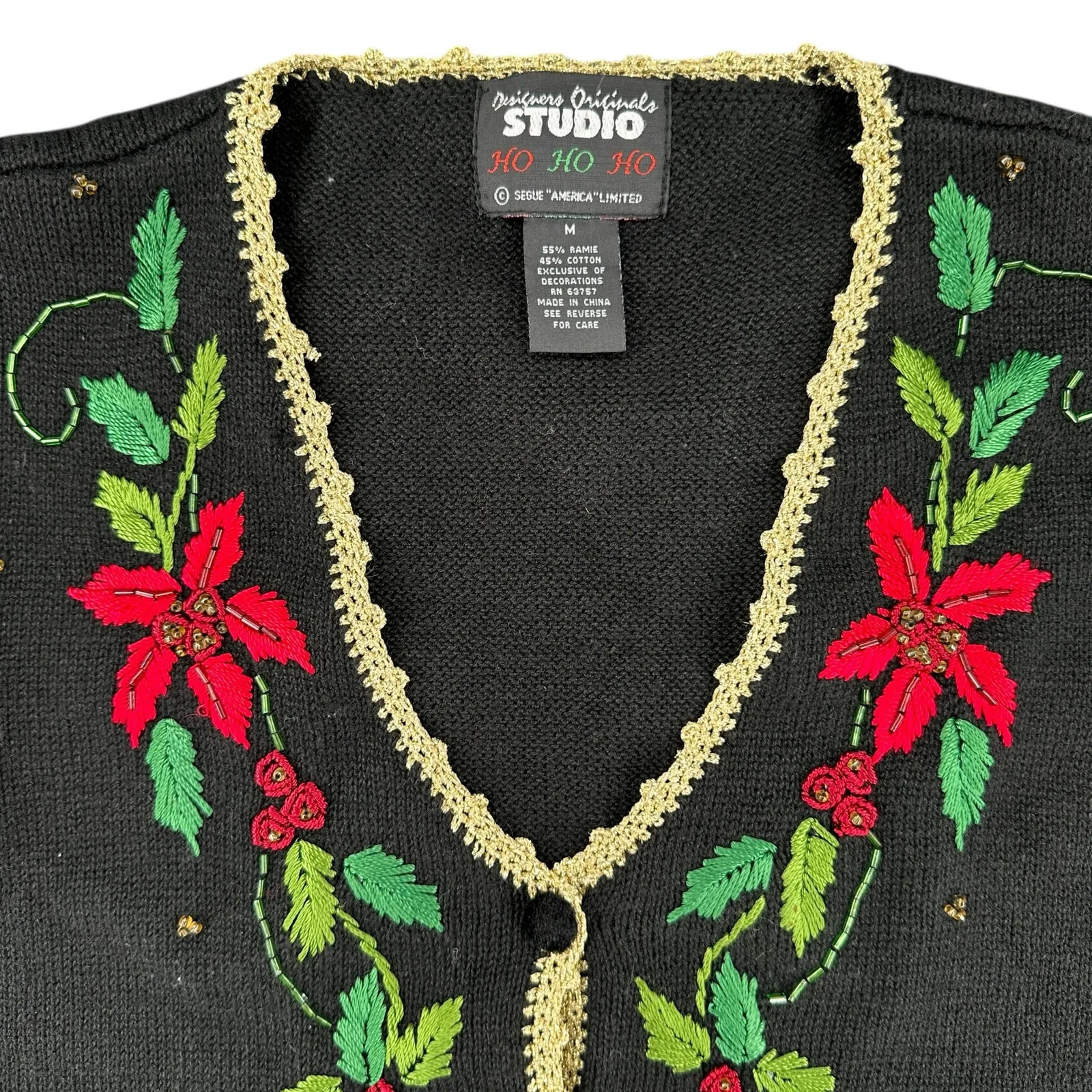 Holiday Sweater Vest Vintage Black Red Flowers Christmas Medium Embroidered - Image 5