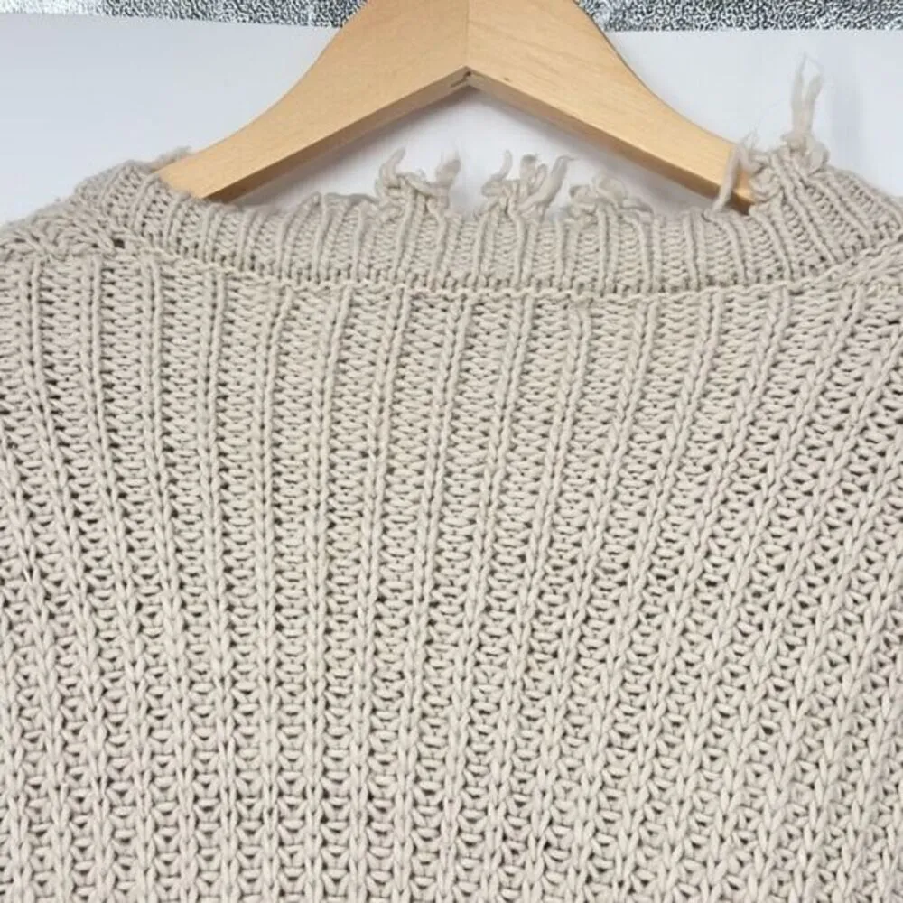 HYFVE Sweater Womens  Small Beige Chunky Knit Frayed Hem V Neck‎ Pullover Boho - Image 8