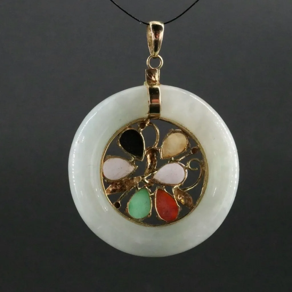 VINTAGE 14K SOLID YELLOW GOLD GENUINE JADEITE & ONYX PENDANT Green - Image 3