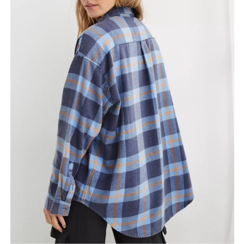 Aerie Womens Anytime Fave Flannel Shirt Button Up Plaid Blue Size Large - Image 3